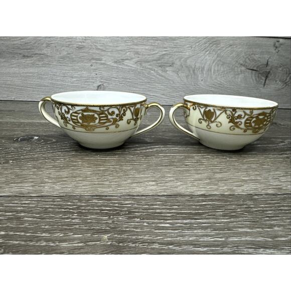 Noritake Christmas Ball Bouillon Tea Cup Double Handle Green Backstamp~2 Pc - Picture 1 of 9